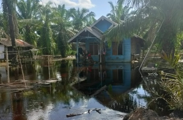 Akibat curah hujan yang tinggi, masyarakat Desa di Kabupaten Banyuasin Terendam banjir. (Foto : Istimewa, Editor : Donald)